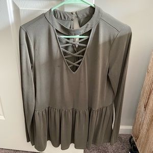 Peplum cross cross front army green top